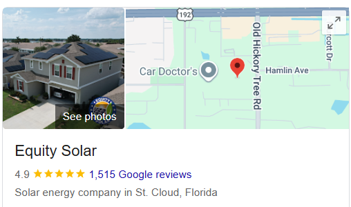 Equity Solar Google Business Profile showing a 4.9 rating from 1,515 Google reviews, solar energy company in St. Cloud, Florida