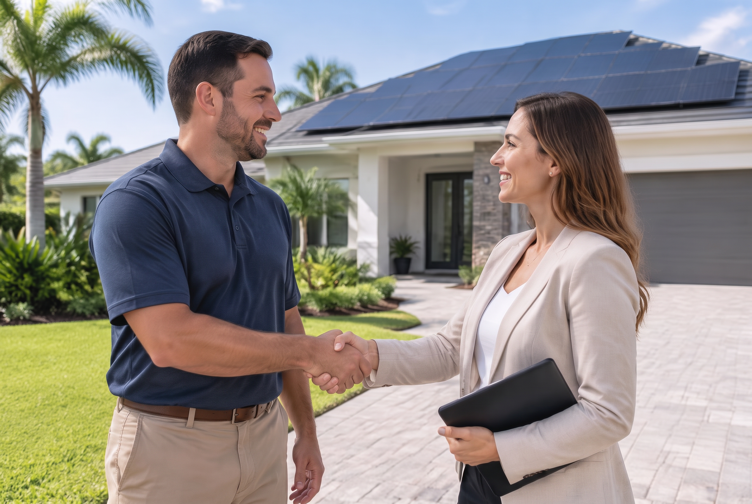 Two solar professionals shaking hands in front of a home with solar panels