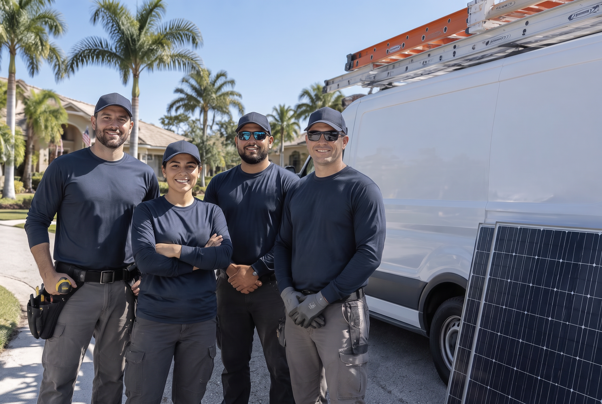 Solar installation team standing beside their work van in a Florida neighborhood