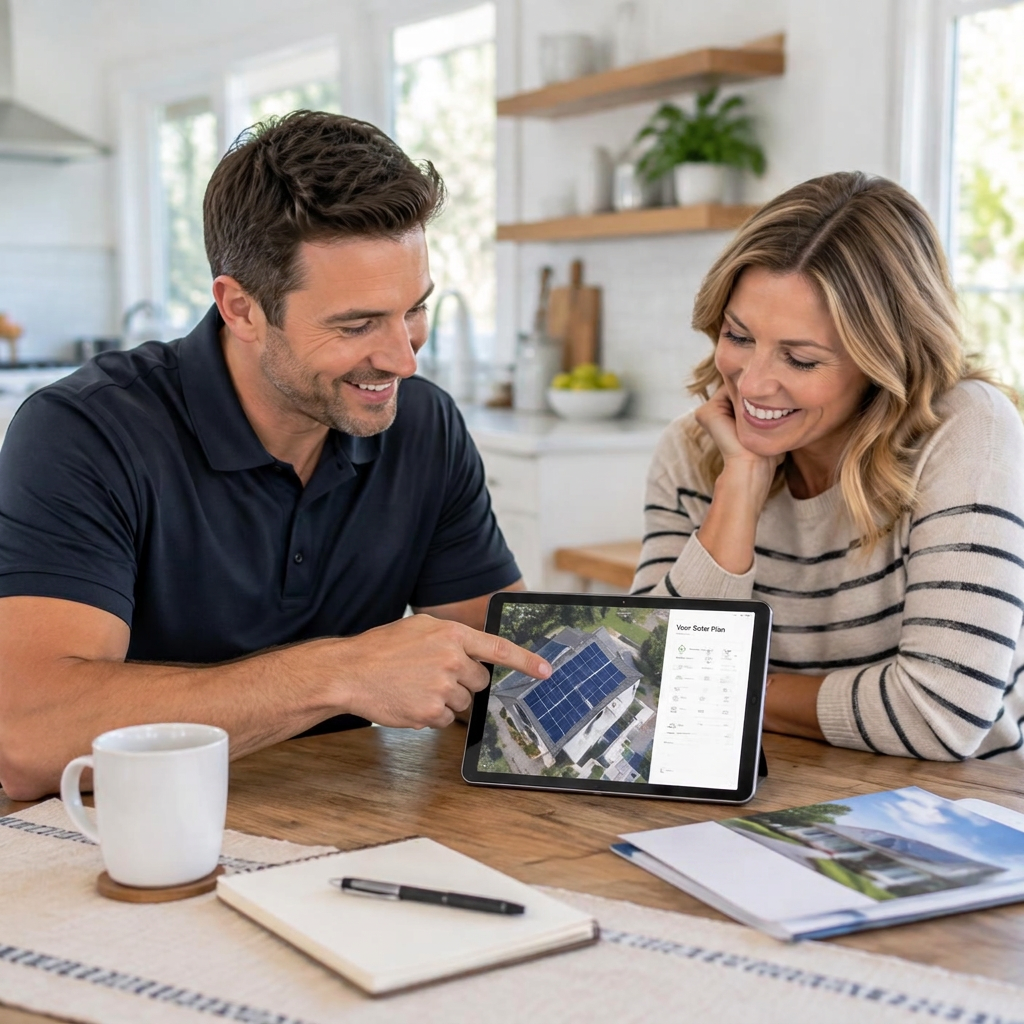 Solar sales professional reviewing a system layout with a homeowner